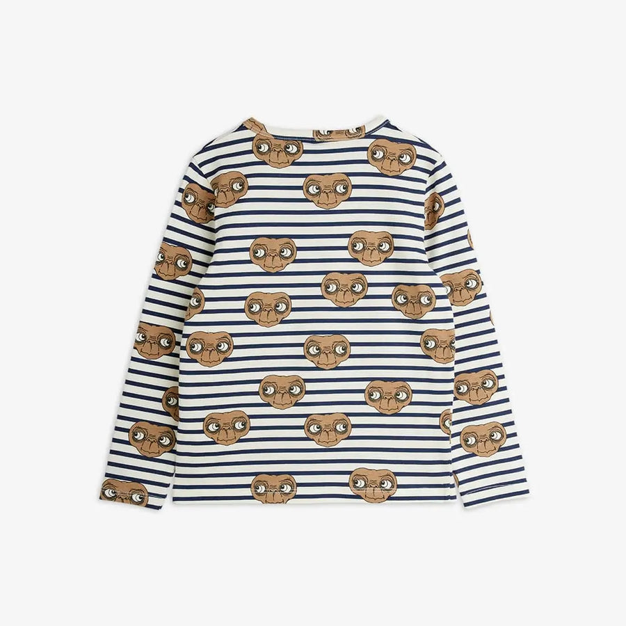 Camiseta blanca de manga larga con estampado dec rayas azul marino y E.T para niñas y niños de Mini Rodini, vista atrás.