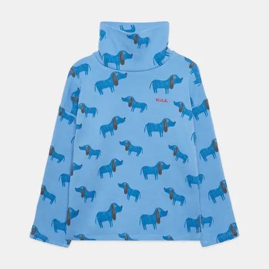 Camiseta azul de cuello alto y mangas largas con estampado de perritos para niñas y niños de Weekend House Kids.