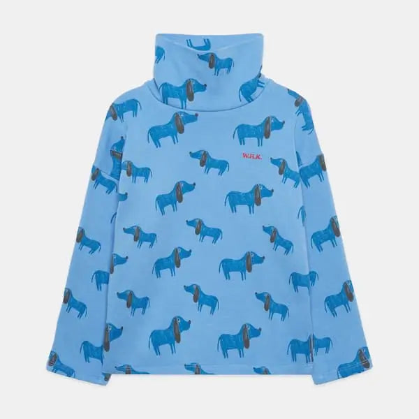 Camiseta azul de cuello alto y mangas largas con estampado de perritos para niñas y niños de Weekend House Kids.