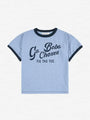 Camiseta azul claro con texto Go Bobo Choses para niñas y niños.