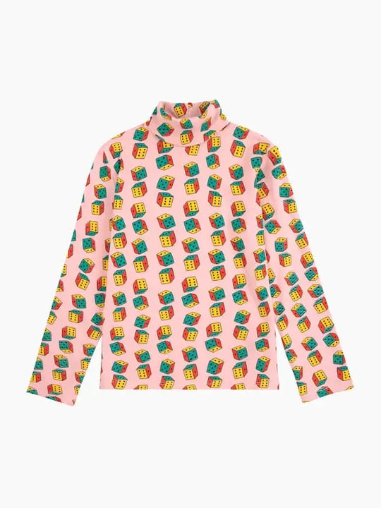 Camiseta rosa de cuello alto con estampado de dados multicolor de Bobo Choses.