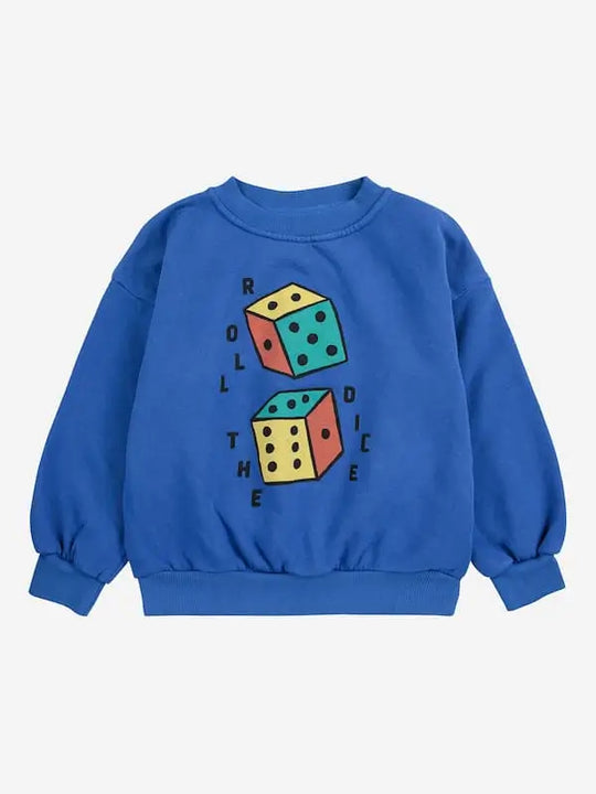 Sudadera azul con dibujo de dados y texto  Roll the dice de Bobo Choses para niños y niñas.