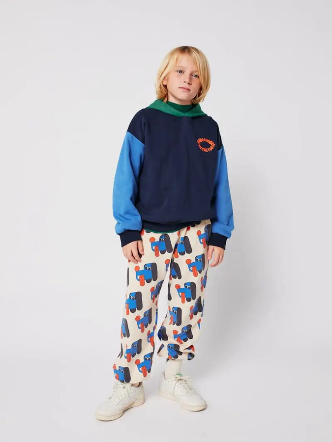 Niño vistiendo la sudadera con capucha color block y pantalones Doggy con estampado de perros.