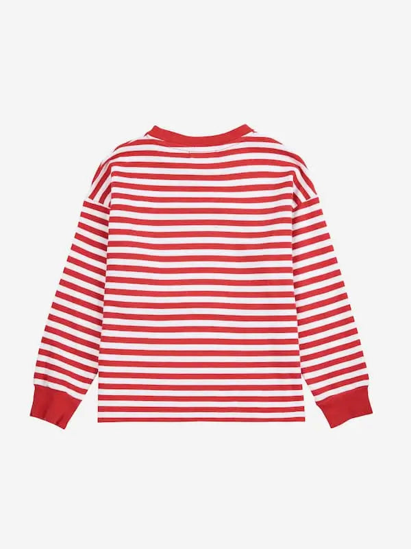 Camiseta de manga larga roja con rayas blancas para niñas y niños de Bobo Choses, vista atrás.