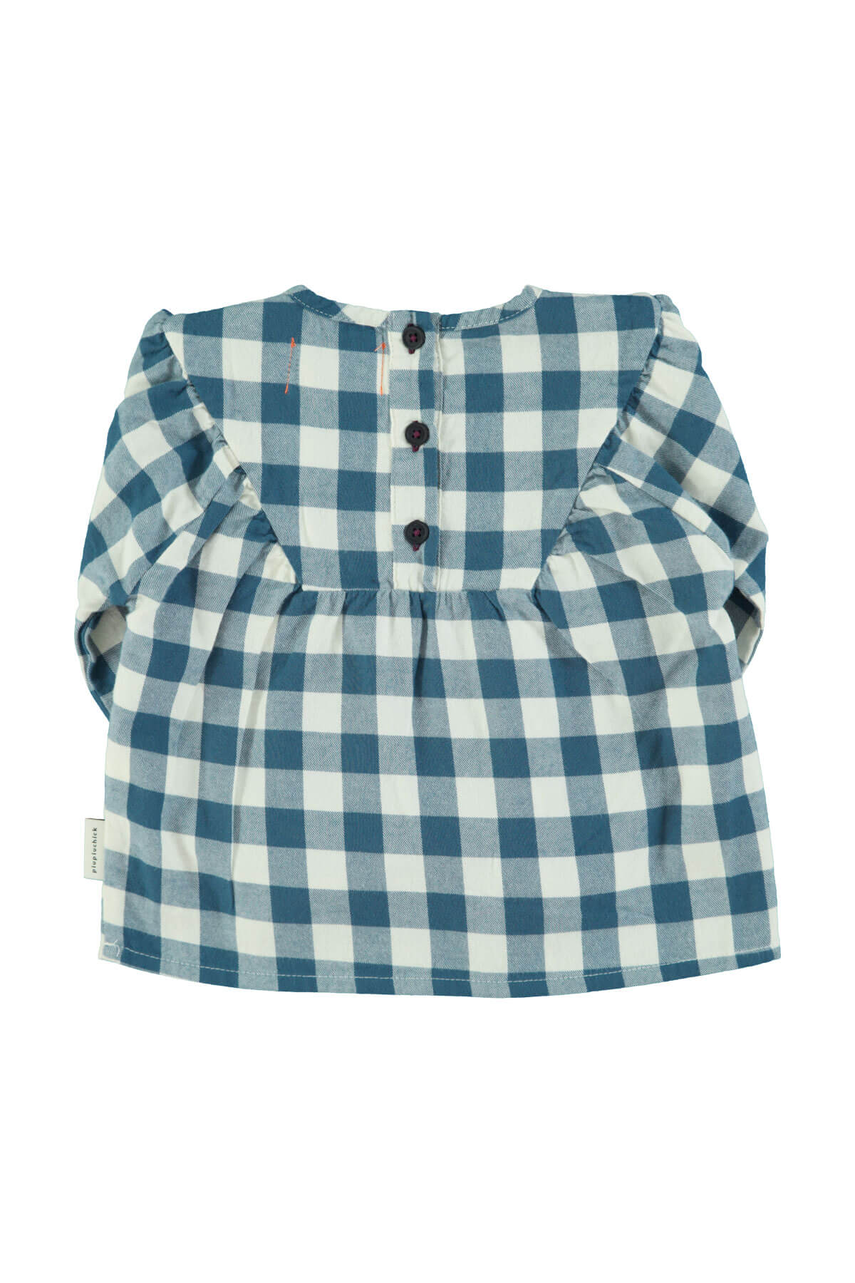 Vista atras de blusa de cuadros blancos y azules para niñas de Piupiuchick.