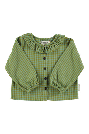 Blusa verde de cuadros pequeños y cuello Peter Pan, botones en la parte delantera para niñas de Piupiuchick colección AW25 I'm with the band.