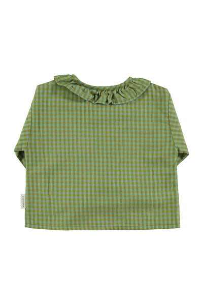 Blusa verde de cuadros con cuello de Peter Pan para niñas de Piupiuchick. 