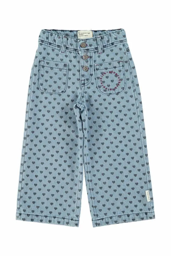 Pantalón acampanado vaquero azul claro con estampado de corazones de Piupiuchick.