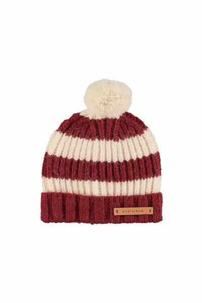 Gorro de rayas color crudo y burdeos con pompon crudo de Piupiuchick 