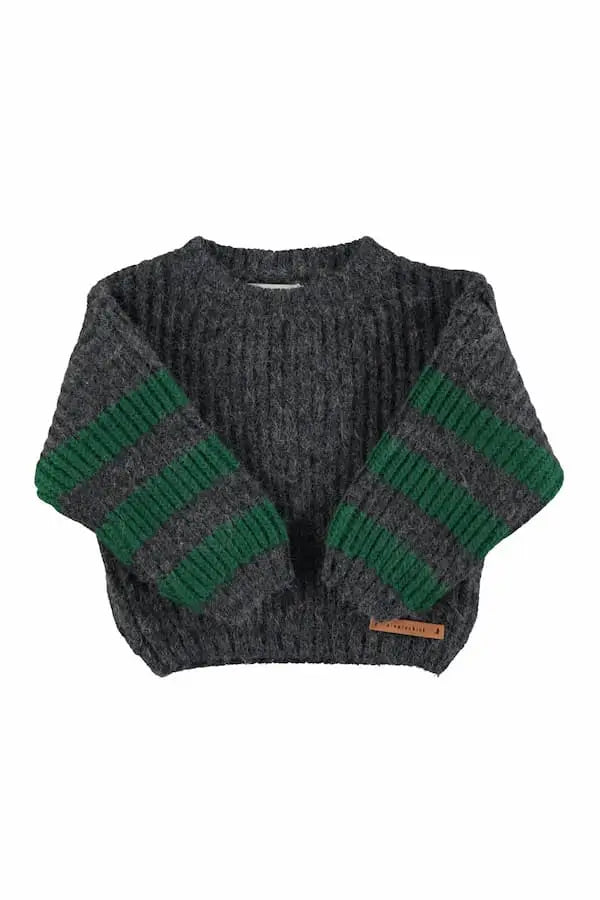 Jersey de punto gris antracita con rayas verdes en las mangas para niños y niñas de Piupiuchick.