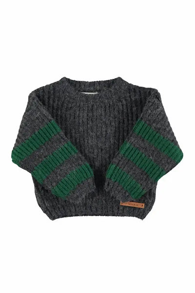 Jersey de punto gris antracita con rayas verdes en las mangas para niños y niñas de Piupiuchick.