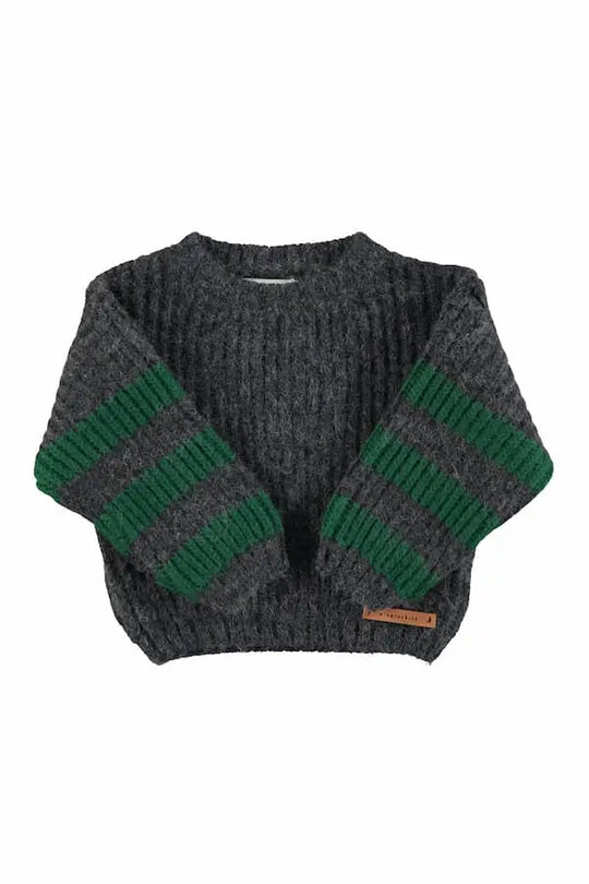 Jersey de punto gris antracita con rayas verdes en las mangas para niños y niñas de Piupiuchick.