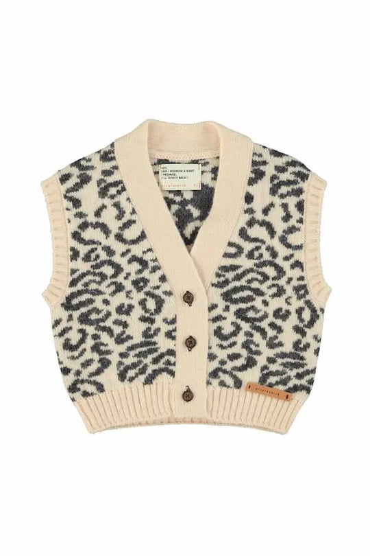 Chaleco de punto rosa claro con estampado de animal print en negro para niños y niñas de la marca sostenible Piupiuchick.