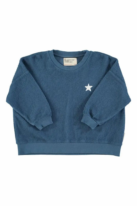 Sudadera unisex azul de felpa con estrella pequeña blanca en el pecho de Piupiuchick, vista delantera.