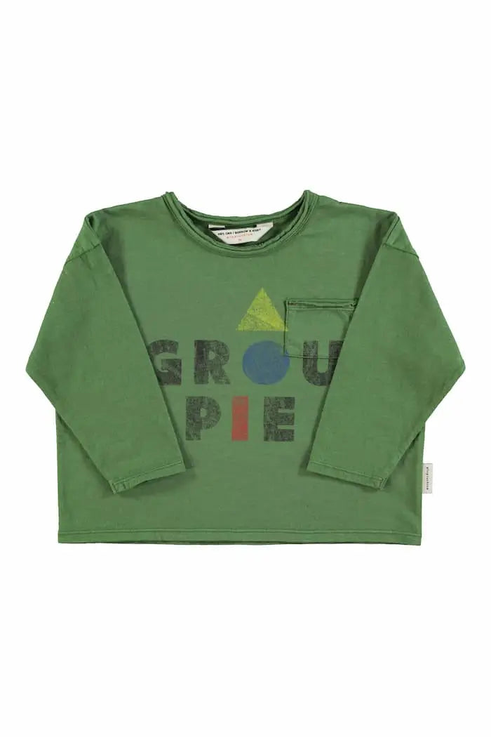 Camiseta de manga larga verde oscuro con testo "Groupie" en la parte delantera y un pequeño bolsillo en el pecho, Piupiuchick.