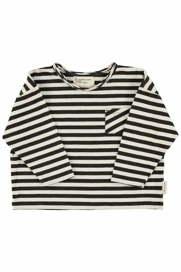 Camiseta Piupiuchick de niños y niñas con rayas negras horizontales sobre fondo blanco,  manga larga y bolsillo en pecho izquierdo - parte delantera