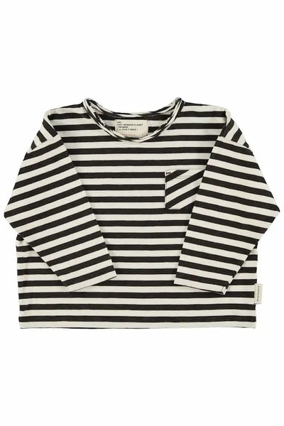 Camiseta Piupiuchick de niños y niñas con rayas negras horizontales sobre fondo blanco,  manga larga y bolsillo en pecho izquierdo - parte delantera