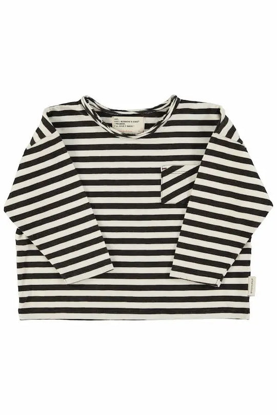 Camiseta Piupiuchick de niños y niñas con rayas negras horizontales sobre fondo blanco,  manga larga y bolsillo en pecho izquierdo - parte delantera