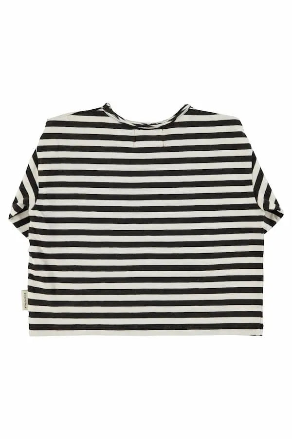 Camiseta Piupiuchick de niños y niñas con rayas negras sobre fondo blanco,  manga larga - parte trasera
