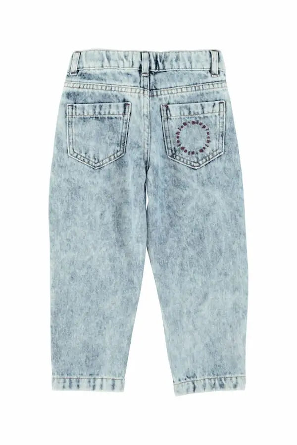 Vaqueros azules estilo mom fit para niñas de Piupiuchick-vista trasera.