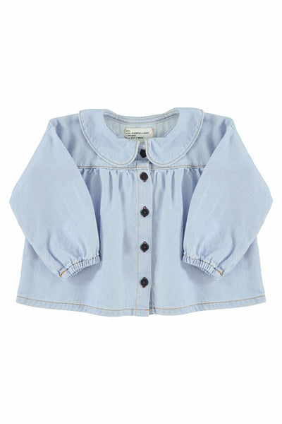 Blusa vaquera con cuello Peter Pan y botones para niñas de Piupiuchick- vista delantera.