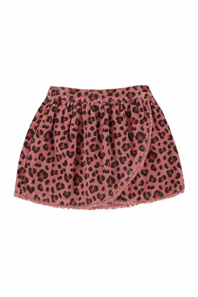 Falda corta de pana rosa con animal print cruzada en la parte delantera, Piupiuchick.