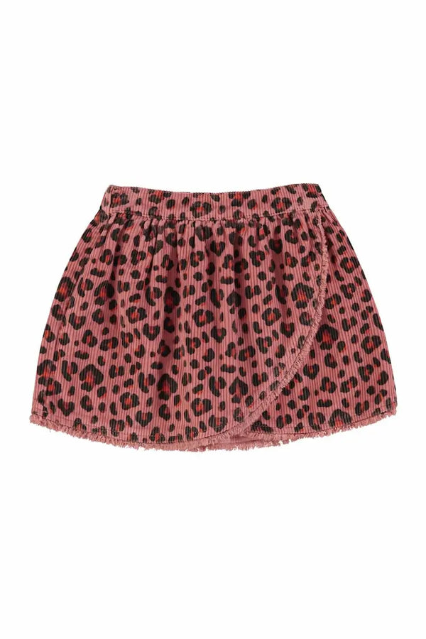 Falda corta de pana rosa con animal print cruzada en la parte delantera, Piupiuchick.