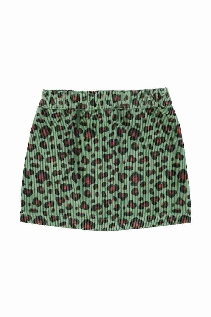 Falda corta de pana verde con estampado  de animal print para niñas de Piupiuchick- vista atrás.
