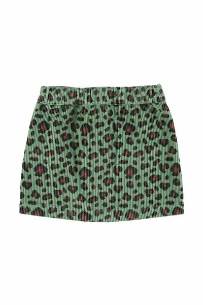 Falda corta de pana verde con estampado  de animal print para niñas de Piupiuchick- vista atrás.