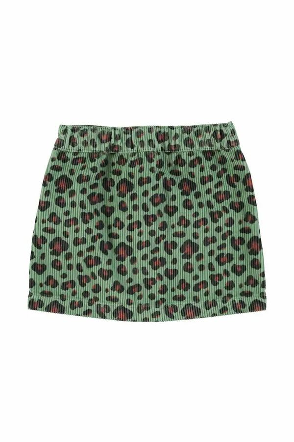 Falda corta de pana verde con estampado  de animal print para niñas de Piupiuchick- vista atrás.