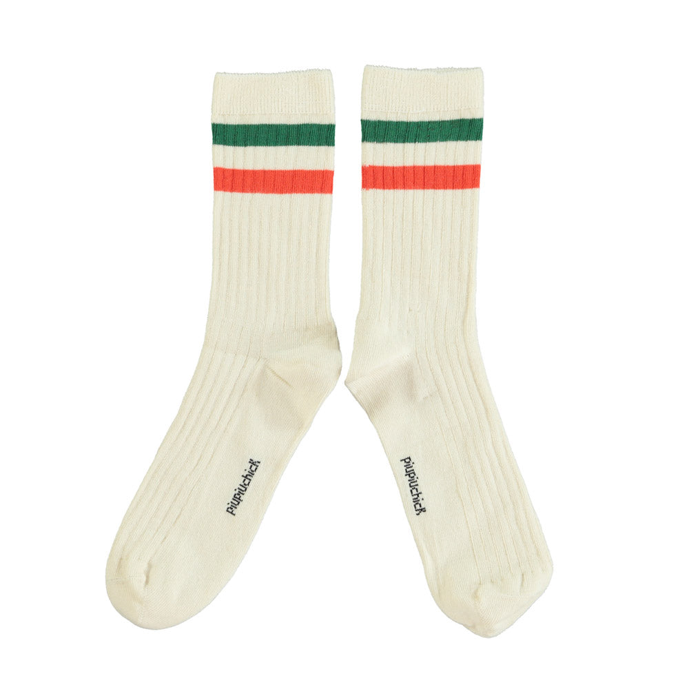 Piupiuchick socks ecru w/ orange & green stripes