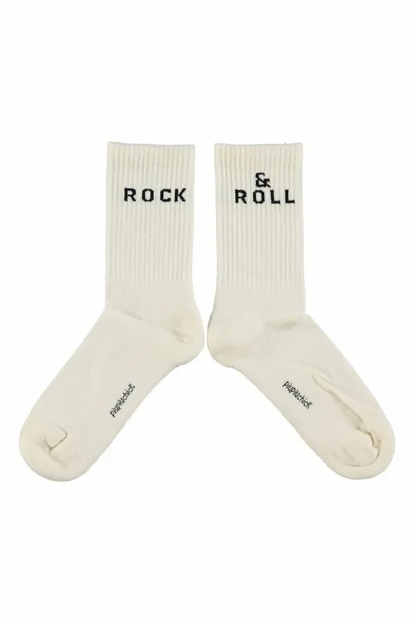 Calcetines largos ecru con texto Rock & Roll para niñas y niños de Piupiuchick 