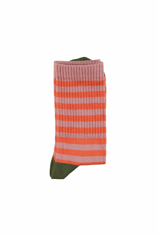 Calcetines de rayas rosas y naranjas de Piupiuchick, vista de lado.
