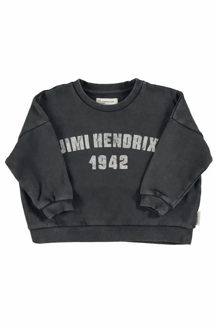 Sudadera de color negro lavado con texto "Jimi Hendrix 1942" en la parte delantera de Piupiuchick.