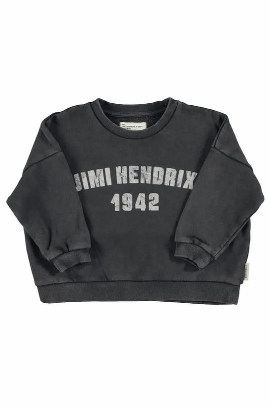 Sudadera de color negro lavado con texto "Jimi Hendrix 1942" en la parte delantera de Piupiuchick.