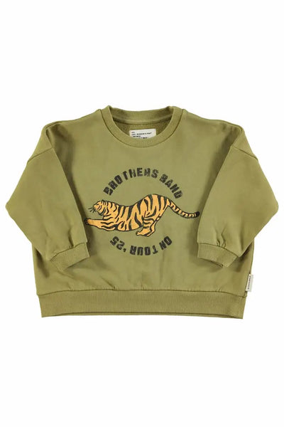 Sudadera unisex verde caqui con estampado de tigre en la parte delantera de Piupiuchick.