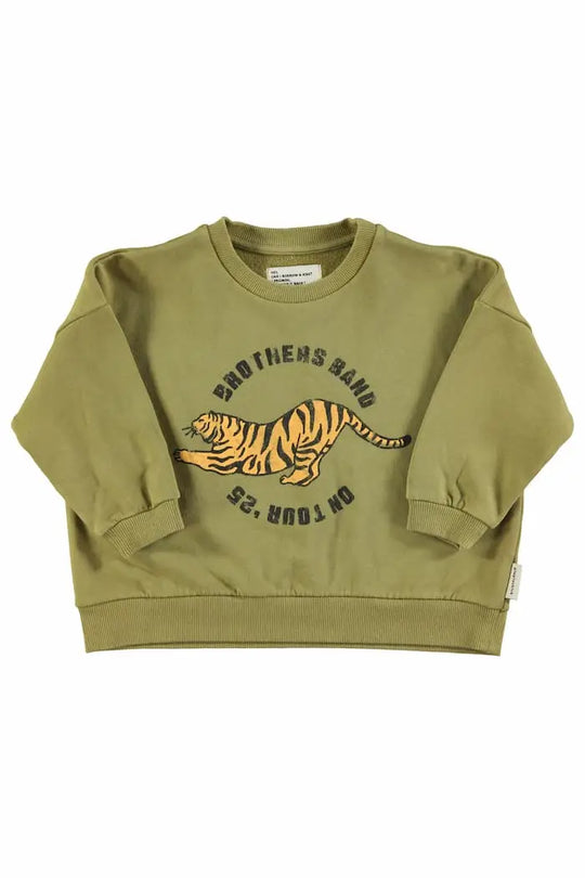 Sudadera unisex verde caqui con estampado de tigre en la parte delantera de Piupiuchick.
