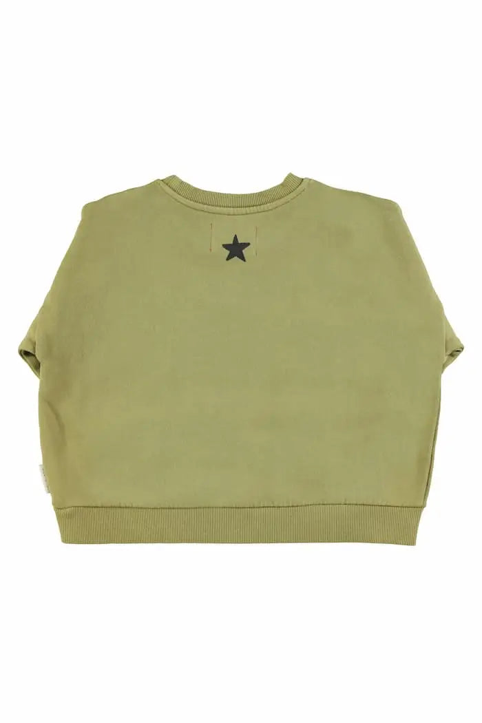 Vista trasera de sudadera verde con estampado de tigre, Piupiuchick.