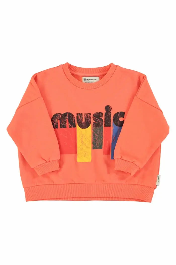 Sudadera de felpa naranja unisex con texto "music" en la parte delantera de Piupuchick.