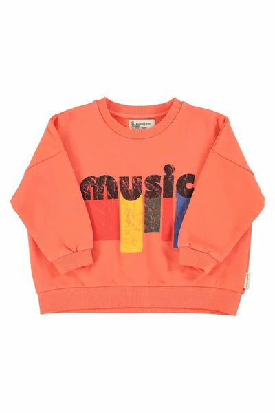 Sudadera de felpa naranja unisex con texto "music" en la parte delantera de Piupuchick.