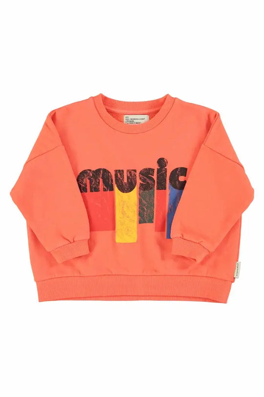 Sudadera de felpa naranja unisex con texto "music" en la parte delantera de Piupuchick para niñas y niños.