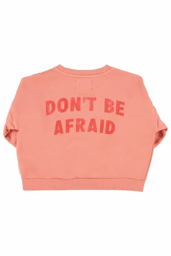 Sudadera rosa, vista trasera, con texto "Don´t be afraid" dec Piupiuchick para niñas.