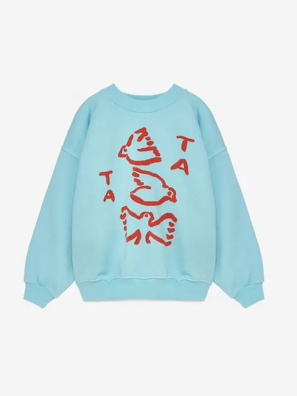 Sudadera azul con dibujo de tres pajaros y letras TA en la parte delantera de True Artist.