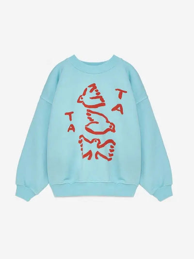Sudadera azul con dibujo de tres pajaros y letras TA en la parte delantera de True Artist.