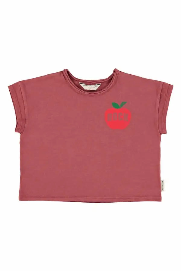 Camiseta burdeos de manga corta con pequeño dibujo de manzana en la parte izquierda, Piupiuchick.