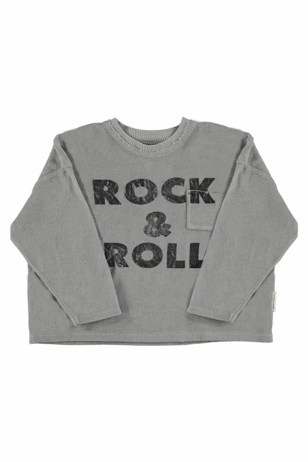 Camiseta  gris de rizo de manga larga con texto "Rock & Roll" para niños y niñas de Piupiuchick.