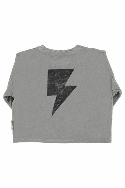 Camiseta gris de rizo, en la parte atras tiene u dibujo de rayo, Piupiuchick.
