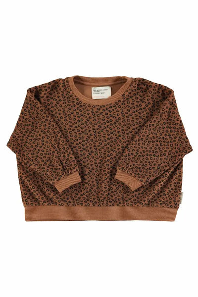 Sudadera Piupiuchick marron de rizo para niños y niñas con estampado de animal print en negro, goma en puños y cintura - parte delantera