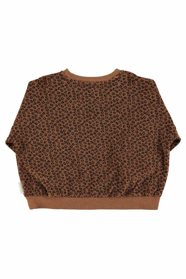 Sudadera Piupiuchick para niños y niñas, de color marron de rizo con estampado de animal print en negro, goma en puños y cintura - parte trasera