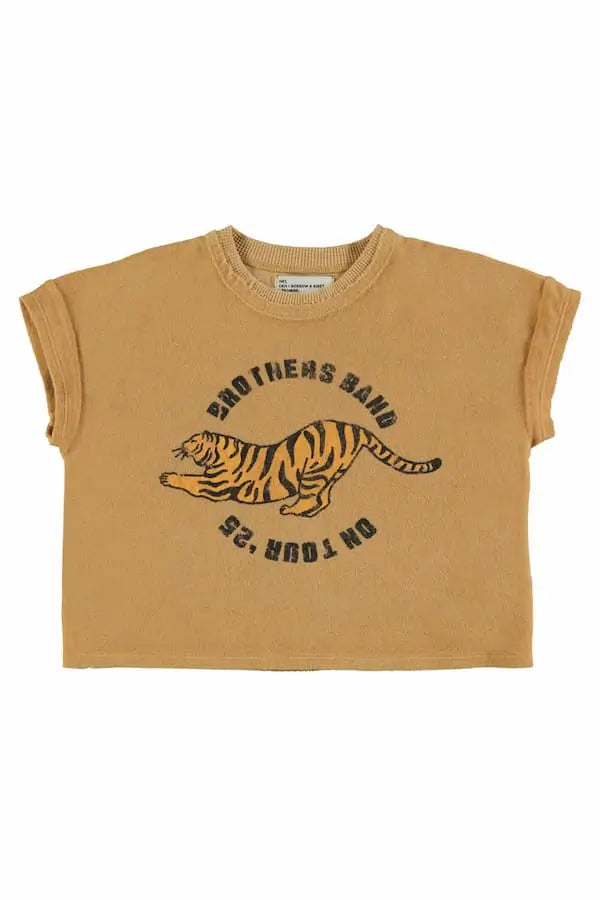 Camiseta de rizo mostaza con estampado de tigre, vista delantera, Piupiuchick.